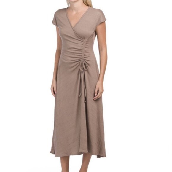 Max Studio taupe crinkle stretch jersey midi dress Womens Small faux wrap - Picture 1 of 9